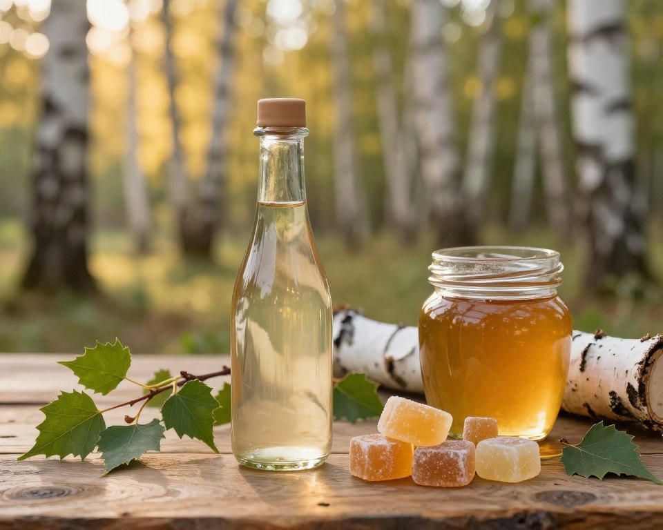 A beautifully arranged display of birch sap products on a rustic wooden table, featuring a crystal-clear glass bottle of birch sap, a jar of birch syrup, and natural birch sap candies. In the foreground, focus on the glistening glass bottle and jar, showcasing their textures and reflections in soft, warm lighting. The middle of the image includes various birch sprigs with fresh green leaves, adding a natural touch. In the background, a blurred forest scene with towering birch trees bathed in golden sunlight, creating a serene and organic atmosphere. The overall mood is fresh and inviting, emphasizing the natural origins and health benefits of birch sap products.