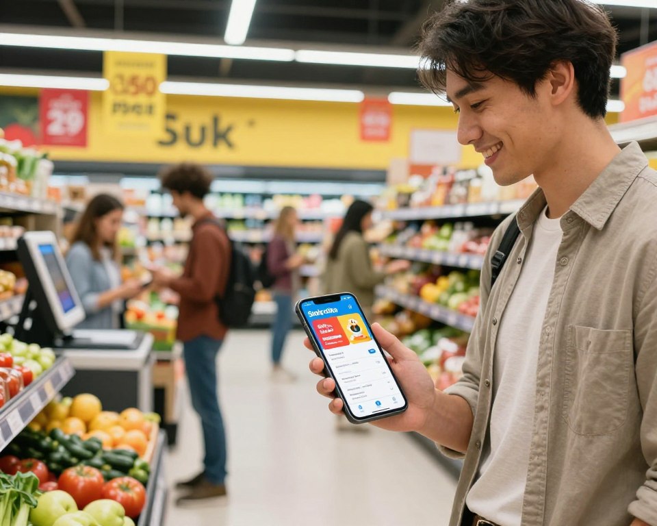 A bustling modern grocery store scene showcasing the application features of "Stokrotka" in everyday life. In the foreground, a friendly shopper in business casual attire is interacting with a smartphone, displaying the Stokrotka app interface with vibrant promotions and a shopping list. In the middle ground, a diverse group of shoppers, including a woman scanning items at a self-checkout and a man comparing prices, adds life to the scene. Bright, overhead lighting highlights fresh produce and organized shelves, while colorful promotional banners with discounts create a warm, inviting atmosphere. The background features the store’s bright, cheerful layout, evoking a sense of convenience and engagement with modern technology. Capture the essence of a dynamic shopping experience.