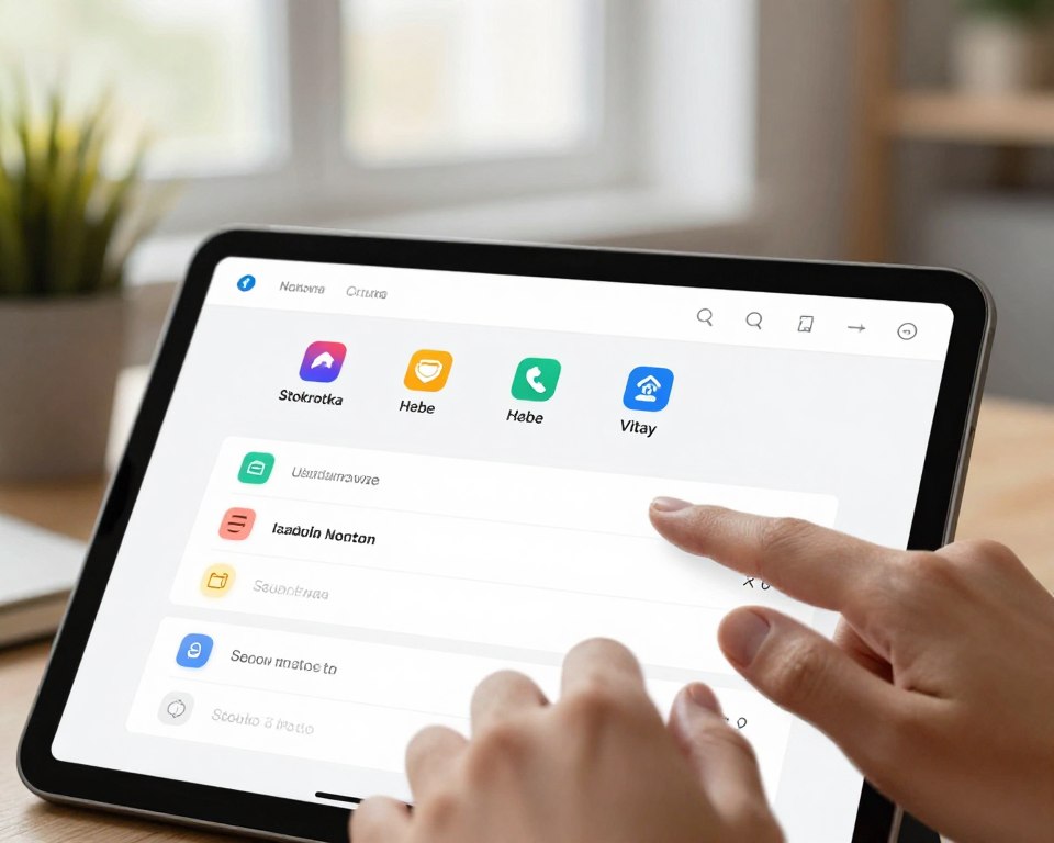 A clean and modern interface showcasing a user account configuration screen on a sleek device, such as a tablet or laptop. In the foreground, a close-up view of fingers interacting with the touchscreen, navigating through fields like username, password, and settings options, displayed in a user-friendly layout. The middle ground features subtle icons representing apps like Stokrotka, Hebe, and Vitay, focusing on a vibrant but professional color scheme. In the background, there are hints of a cozy office setting with soft, natural lighting filtering through a nearby window, creating a warm and inviting atmosphere. The overall mood is focused and productive, embodying the essence of user-friendly app configurations in a digital age.
