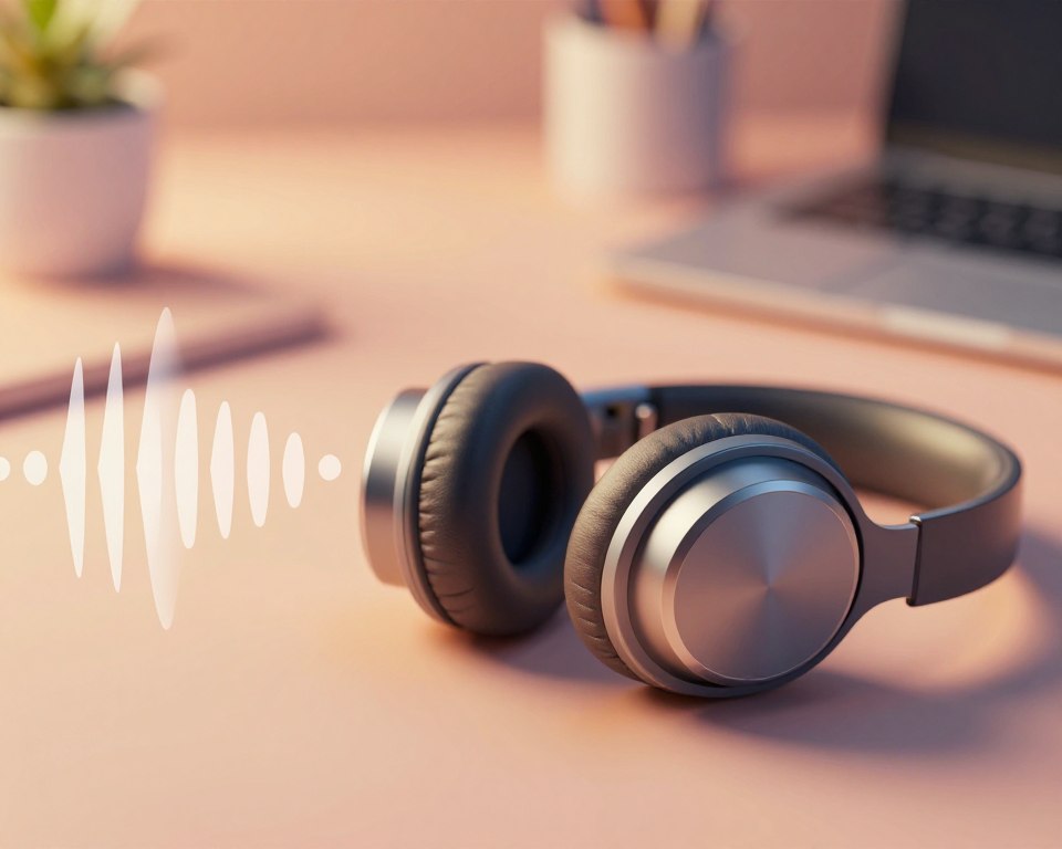 A close-up image of a sleek pair of Bluetooth headphones lying on a soft, vibrant surface, with sound waves visually emanating softly from them. In the foreground, the headphones are prominently featured, showcasing their modern design and glossy finish. The middle ground features subtle sound illustrations that evoke a sense of low volume, represented by gentle curves and gradients to convey a calm atmosphere. In the background, softly blurred elements, like a cozy workspace or a serene environment, suggest a peaceful setting. The lighting is warm, casting a soft glow over the scene to enhance the mood of tranquility. The overall composition exudes a sense of minimalism and professionalism, perfect for an article focus. A close-up image of a sleek pair of Bluetooth headphones lying on a soft, vibrant surface, with sound waves visually emanating softly from them. In the foreground, the headphones are prominently featured, showcasing their modern design and glossy finish. The middle ground features subtle sound illustrations that evoke a sense of low volume, represented by gentle curves and gradients to convey a calm atmosphere. In the background, softly blurred elements, like a cozy workspace or a serene environment, suggest a peaceful setting. The lighting is warm, casting a soft glow over the scene to enhance the mood of tranquility. The overall composition exudes a sense of minimalism and professionalism, perfect for an article focus.