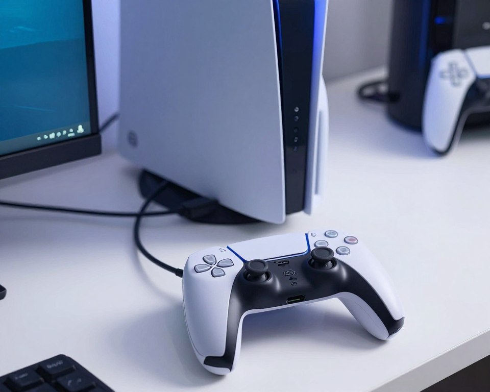 A close-up image showcasing the PS5 controller being connected to a PC, set on a sleek, modern desk. The foreground features the PS5 controller, with prominent detailing of its buttons and design, cables clearly visible as they connect to the PC’s USB port. In the middle ground, the glowing PC tower and monitor display can be seen, with a soft blue light illuminating the space, creating a tech-savvy atmosphere. The background features minimalist décor and a hint of gaming peripherals, evoking a sense of modern gaming setup. The overall mood is focused and energetic, suggesting a high-tech environment ready for gaming. The lighting is bright but soft, ensuring all details are clear, from cable connections to controller features.