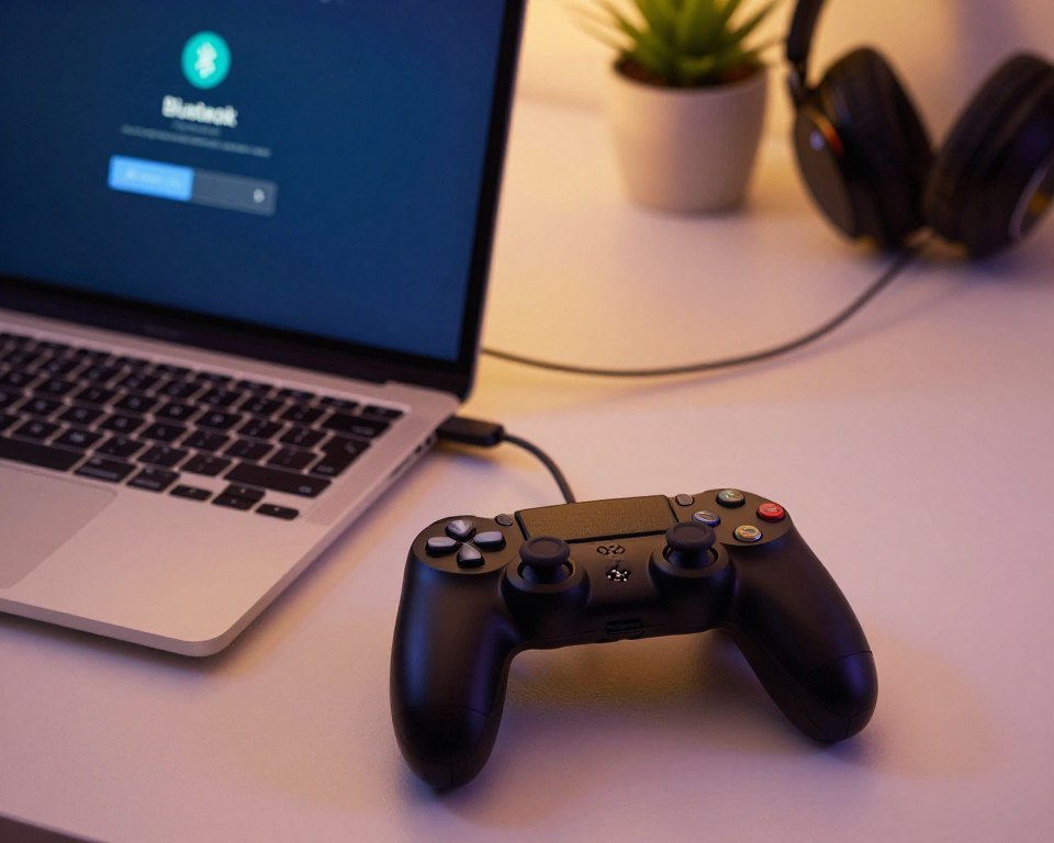A close-up scene featuring a PlayStation 4 controller connected to a modern laptop via Bluetooth. The foreground shows the sleek, black controller with vibrant buttons clearly illuminated, while the laptop screen displays an active Bluetooth connection interface. In the middle, the laptop’s keyboard and a soft, glowing ambient light create a tech-savvy workspace atmosphere. The background includes a minimalistic desk with a gaming headset and a small plant, adding a touch of warmth. Soft, diffused lighting enhances the scene, casting gentle shadows and creating a calm, focused mood. The angle is slightly elevated, allowing a clear view of both the controller and the laptop, emphasizing the idea of connectivity and modern gaming setup.