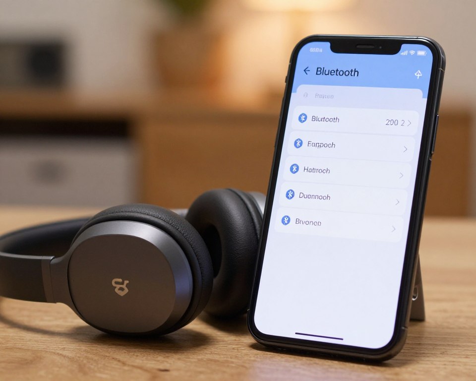 A close-up shot of a modern Android smartphone displaying the Bluetooth settings menu, with a pair of stylish wireless Bluetooth headphones resting beside it. The headphones are sleek and feature a minimalistic design, showcasing their brand logo subtly. In the background, a softly blurred home setting with warm lighting creates an inviting atmosphere. The scene captures the moment of connection, with the phone screen visibly showing the pairing process. Use a shallow depth of field to emphasize the smartphone and headphones in crisp detail while softly blurring out the background. The overall mood is tech-savvy and user-friendly, suitable for an article about connecting devices.