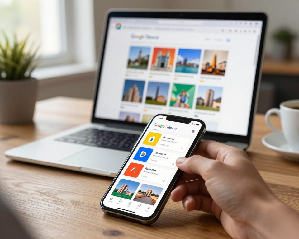 A close-up shot of a smartphone displaying the Google Takeout interface with brightly colored images organized into a user-friendly layout. In the foreground, the device rests on a wooden table, with a pair of hands actively scrolling through the photo selection. The middle ground features an open laptop also displaying the Google Takeout page, showcasing a synchronized view of the same images. Soft, natural light streams from a nearby window, creating a warm and inviting atmosphere. The background includes subtle elements of a cozy home office, like potted plants and a cup of coffee, adding to the productivity vibe. The overall mood is focused and efficient, capturing the essence of downloading photos from Google Drive seamlessly.