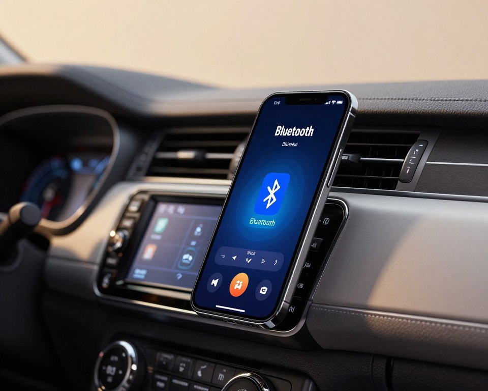 A close-up view of a Pioneer car radio interface, with a smartphone displaying the Bluetooth pairing screen prominently in the foreground. The radio features sleek buttons and a vibrant digital display, showcasing its modern technology. In the background, a stylish and clean car interior is visible, with soft ambient lighting that enhances the high-tech atmosphere. The image should have a shallow depth of field, blurring the background slightly to emphasize the radio and smartphone. Use warm, inviting lighting to create a friendly, engaging mood, suggesting ease of use. The overall composition should convey a sense of connectivity and modernity, perfect for illustrating Bluetooth pairing with a Pioneer radio.
