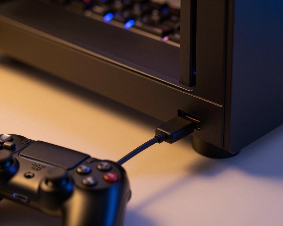 A close-up view of a PlayStation 4 DualShock controller being connected to a PC via a USB cable. In the foreground, the controller with its signature black design and glowing light bar stands out, reflecting the rich details in the texture of its buttons. The middle ground features a sleek desktop PC with an open USB port and illuminated keyboard, creating a modern gaming setup. The background is softly blurred to highlight the connection process, with warm ambient lighting to suggest a cozy gaming environment. The image conveys a sense of excitement and ease, showcasing the seamless integration of gaming hardware and technology.