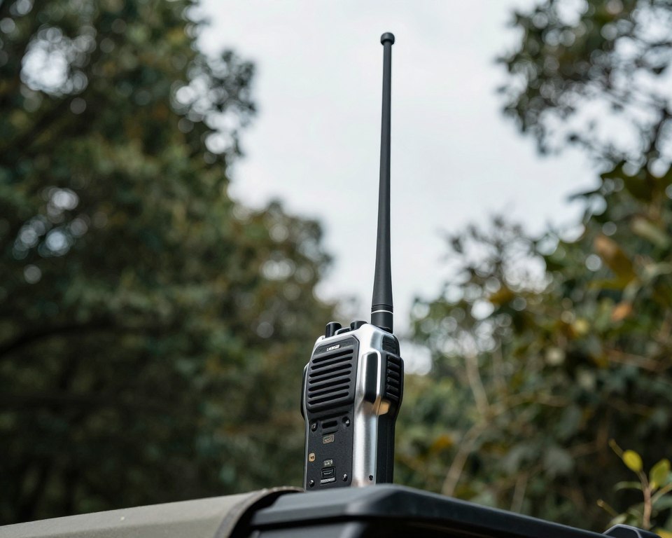 A close-up view of a high-quality CB radio antenna, prominently displayed in the foreground, showcasing its sleek metallic design and intricate details. The middle ground features a rugged outdoor setting, with hints of a lush forest backdrop, emphasizing the antenna's usage in outdoor applications. Soft natural lighting filters through the trees, creating a serene atmosphere while highlighting the reflective surfaces of the antenna. The angle captures the antenna standing tall against the sky, with a slight depth of field to keep the focus sharp on the antenna while softly blurring the surrounding foliage. The overall mood conveys a sense of adventure and practicality, appealing to outdoor enthusiasts looking for reliable communication equipment.