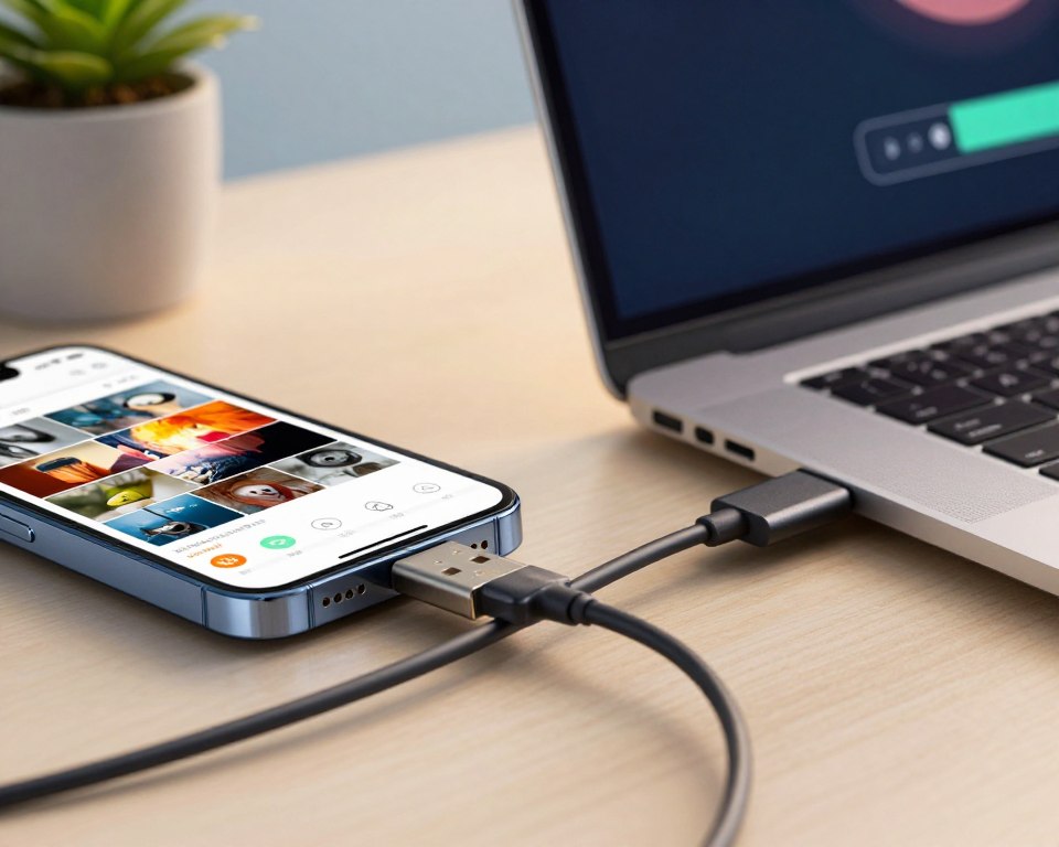 A close-up view of a modern USB cable connecting a smartphone to a laptop, illustrating the concept of photo transfer. In the foreground, clearly visible is the USB connector plugged into the phone's port. The phone's screen displays a photo gallery with vibrant images, hinting at files ready to be transferred. The middle ground features a sleek, open laptop with a visible transfer progress bar on the screen, creating a sense of action. In the background, a softly lit workspace, complete with a minimalist desk, a potted plant, and a soft blue wall, adds to a professional atmosphere. The lighting is warm and inviting, highlighting the devices and creating a focused, efficient mood.