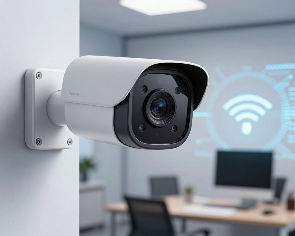 A close-up view of a modern WiFi security camera mounted on a wall, with an emphasis on its sleek design and intricate features. The foreground showcases a sharp lens and a small protective housing that glistens under soft, diffused lighting, creating a high-tech atmosphere. In the middle ground, a blurred office environment can be seen, subtly hinting at a smart home setup with gadgets and devices interconnected through WiFi. The background features abstract digital patterns symbolizing data encryption and security, suggesting advanced technology. The mood is secure and sophisticated, evoking a sense of trust and reliability in home surveillance systems. Use a slightly high angle to capture the camera's details effectively. A close-up view of a modern WiFi security camera mounted on a wall, with an emphasis on its sleek design and intricate features. The foreground showcases a sharp lens and a small protective housing that glistens under soft, diffused lighting, creating a high-tech atmosphere. In the middle ground, a blurred office environment can be seen, subtly hinting at a smart home setup with gadgets and devices interconnected through WiFi. The background features abstract digital patterns symbolizing data encryption and security, suggesting advanced technology. The mood is secure and sophisticated, evoking a sense of trust and reliability in home surveillance systems. Use a slightly high angle to capture the camera's details effectively.