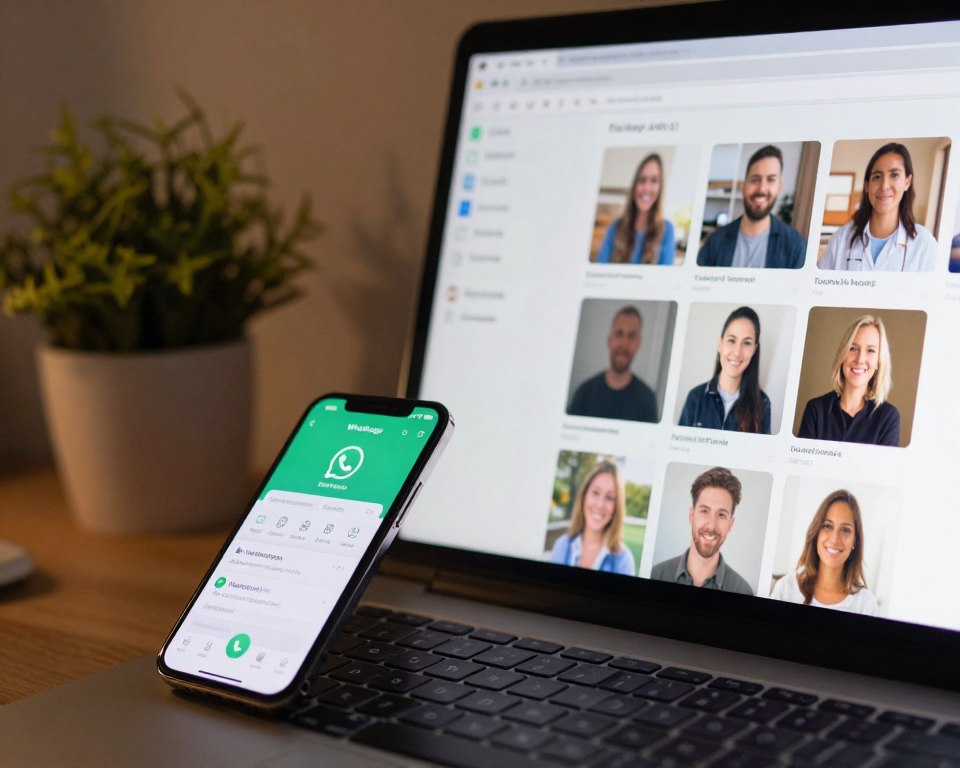 A close-up view of a modern computer screen displaying a WhatsApp chat interface, with visible photos and videos ready to be downloaded. In the foreground, a smartphone resting on a table shows the WhatsApp app open, with a background featuring a cozy home office setting including potted plants and soft lighting. The atmosphere is calm and inviting, emphasizing a sense of productivity. The lighting is warm and diffused, reflecting a late afternoon. The angle captures both the computer and smartphone clearly, showcasing the process of transferring files. No people are present in the image, focusing solely on the devices and their functionalities.