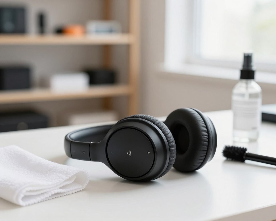 A close-up view of a pair of sleek black Bluetooth headphones resting on a clean white surface, surrounded by essential maintenance tools like a soft microfiber cloth, a small brush, and a bottle of cleaning solution. The foreground features the headphones in sharp focus, highlighting their design details and texture. In the background, softly blurred shelves filled with electronics and tools give a sense of organization and care. Soft natural light streams in from a nearby window, creating a warm and inviting atmosphere. The image conveys a sense of professionalism and attention to detail, reflecting the importance of maintaining Bluetooth headphones for optimal performance. A close-up view of a pair of sleek black Bluetooth headphones resting on a clean white surface, surrounded by essential maintenance tools like a soft microfiber cloth, a small brush, and a bottle of cleaning solution. The foreground features the headphones in sharp focus, highlighting their design details and texture. In the background, softly blurred shelves filled with electronics and tools give a sense of organization and care. Soft natural light streams in from a nearby window, creating a warm and inviting atmosphere. The image conveys a sense of professionalism and attention to detail, reflecting the importance of maintaining Bluetooth headphones for optimal performance.