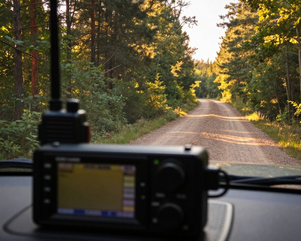 A close-up view of a rugged CB radio mounted inside a vehicle, highlighting the intricate details of its knobs and display. In the foreground, emphasize modern communication equipment with a faint glow from the backlit screen. The middle ground features a forested landscape, showcasing trees and shrubs under dappled sunlight, hinting at outdoor adventures. In the background, a stretch of dirt road winds through the woods, leading into the horizon. The scene is bathed in warm, golden hour light to evoke a sense of exploration and connection. Capture a tranquil yet adventurous atmosphere, focusing on the balance between technology and nature, with no human figures present. The image should have a sharp focus and a slightly blurred background for depth.
