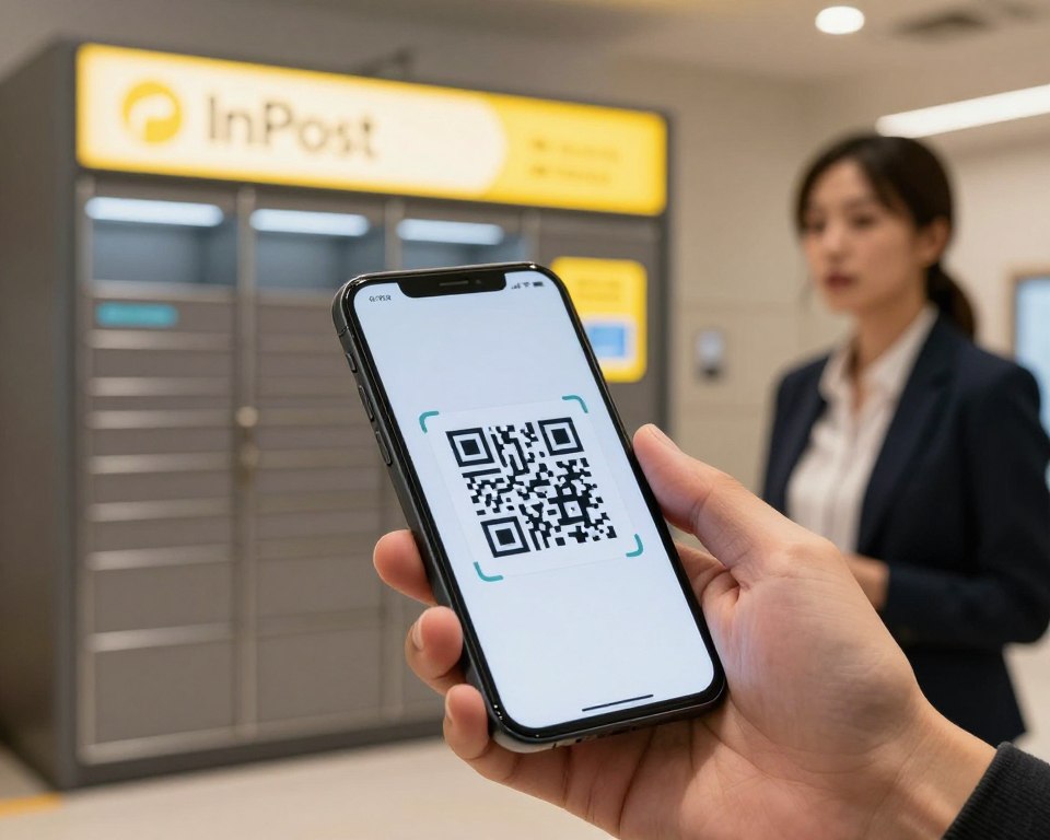 A close-up view of a smartphone displaying a QR code on its screen, with a hand reaching out to scan it, symbolizing convenience and modern technology. In the background, a well-organized InPost package drop-off point is visible, featuring bright signage and sleek, futuristic design elements. Soft, ambient lighting creates a warm, inviting atmosphere, highlighting the interaction between the user and the QR code. The scene is framed with a slight bokeh effect to emphasize the foreground action while keeping the background in context. A professional business person stands nearby, dressed in smart casual attire, looking intrigued by the scanning process, evoking a sense of curiosity about the benefits of QR codes. A close-up view of a smartphone displaying a QR code on its screen, with a hand reaching out to scan it, symbolizing convenience and modern technology. In the background, a well-organized InPost package drop-off point is visible, featuring bright signage and sleek, futuristic design elements. Soft, ambient lighting creates a warm, inviting atmosphere, highlighting the interaction between the user and the QR code. The scene is framed with a slight bokeh effect to emphasize the foreground action while keeping the background in context. A professional business person stands nearby, dressed in smart casual attire, looking intrigued by the scanning process, evoking a sense of curiosity about the benefits of QR codes.