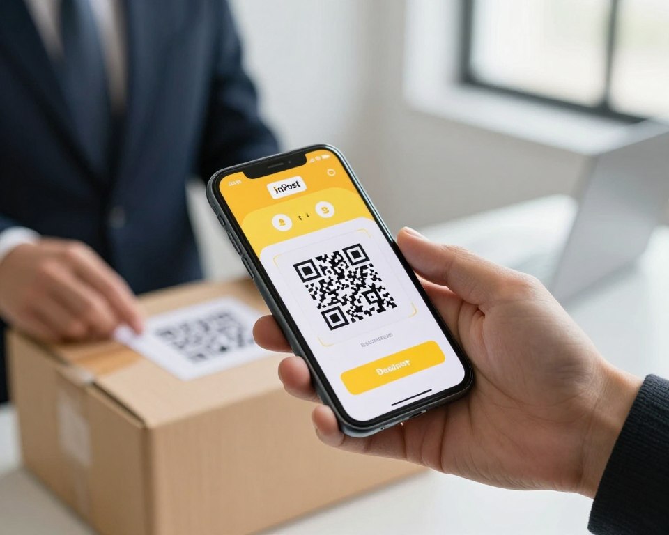 A close-up view of a smartphone displaying the InPost app open to the QR code scanning feature. In the foreground, a hand, dressed in professional business attire, holds the device, positioning it to scan a QR code visible on a delivery package. The middle layer showcases the app interface with vibrant colors and clear graphics indicating the scanning process, while the background features a modern, minimalist office setting with soft, natural lighting filtering through a window. The overall mood is efficient and tech-savvy, emphasizing the user-friendly experience of scanning QR codes in a streamlined, professional environment, capturing a moment of productivity and innovation. A close-up view of a smartphone displaying the InPost app open to the QR code scanning feature. In the foreground, a hand, dressed in professional business attire, holds the device, positioning it to scan a QR code visible on a delivery package. The middle layer showcases the app interface with vibrant colors and clear graphics indicating the scanning process, while the background features a modern, minimalist office setting with soft, natural lighting filtering through a window. The overall mood is efficient and tech-savvy, emphasizing the user-friendly experience of scanning QR codes in a streamlined, professional environment, capturing a moment of productivity and innovation.