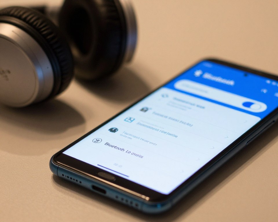 A close-up view of an Android smartphone displaying the Bluetooth settings interface, showcasing various connected devices and a toggle switch for Bluetooth. The foreground features a sleek, modern smartphone with a vibrant display, while the middle ground includes a faint reflection of wireless headphones nearby, hinting at a connection. The background is softly blurred to emphasize the device, with warm, inviting lighting creating a friendly atmosphere. The overall mood is tech-savvy and user-friendly, ideal for illustrating Bluetooth configuration. The scene is captured at a slight angle, highlighting the phone’s design and interface in a well-lit indoor environment, with a plain surface beneath to enhance focus. A close-up view of an Android smartphone displaying the Bluetooth settings interface, showcasing various connected devices and a toggle switch for Bluetooth. The foreground features a sleek, modern smartphone with a vibrant display, while the middle ground includes a faint reflection of wireless headphones nearby, hinting at a connection. The background is softly blurred to emphasize the device, with warm, inviting lighting creating a friendly atmosphere. The overall mood is tech-savvy and user-friendly, ideal for illustrating Bluetooth configuration. The scene is captured at a slight angle, highlighting the phone’s design and interface in a well-lit indoor environment, with a plain surface beneath to enhance focus.