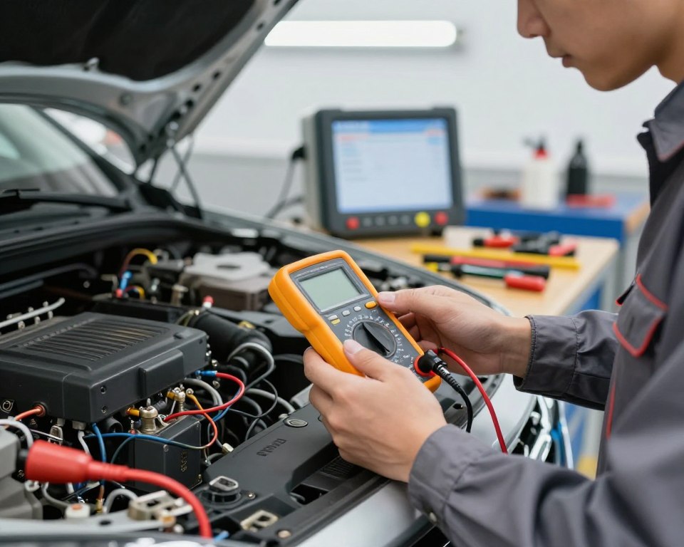 A close-up view of an automotive technician testing a voltage regulator in a vehicle, set in a well-lit garage environment. The technician, dressed in professional workwear, is focused on a digital multimeter connected to the vehicle's electrical system. Gleaming tools are neatly organized on a nearby workbench, while diagnostic equipment looms in the background. Bright, overhead fluorescent lighting casts a clean and clinical atmosphere, emphasizing the precision and technical nature of the task. The angle captures the intricate wiring and circuitry, blending a sense of professionalism with the subtle tension of ensuring the vehicle's system is functioning correctly.