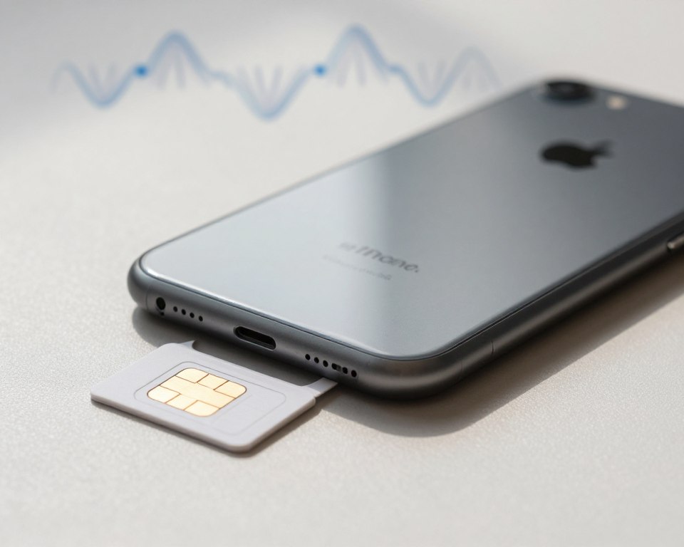 A close-up view of an iPhone 8, prominently showcasing its sleek design and the rear panel, adorned with the Apple logo. The device is positioned on a soft, neutral-colored surface that highlights its colors—space gray with a subtle sheen. In the foreground, a sim card tray is partially visible, indicating a simlock feature, with a small sim eject tool beside it. The background is softly blurred, featuring an abstract representation of cellular data waves, creating a sense of connectivity. Natural light illuminates the scene, casting gentle shadows and creating a polished, professional atmosphere. The overall mood is informative and technical, perfect for an article section focused on the specifics of simlock and iPhone hardware.