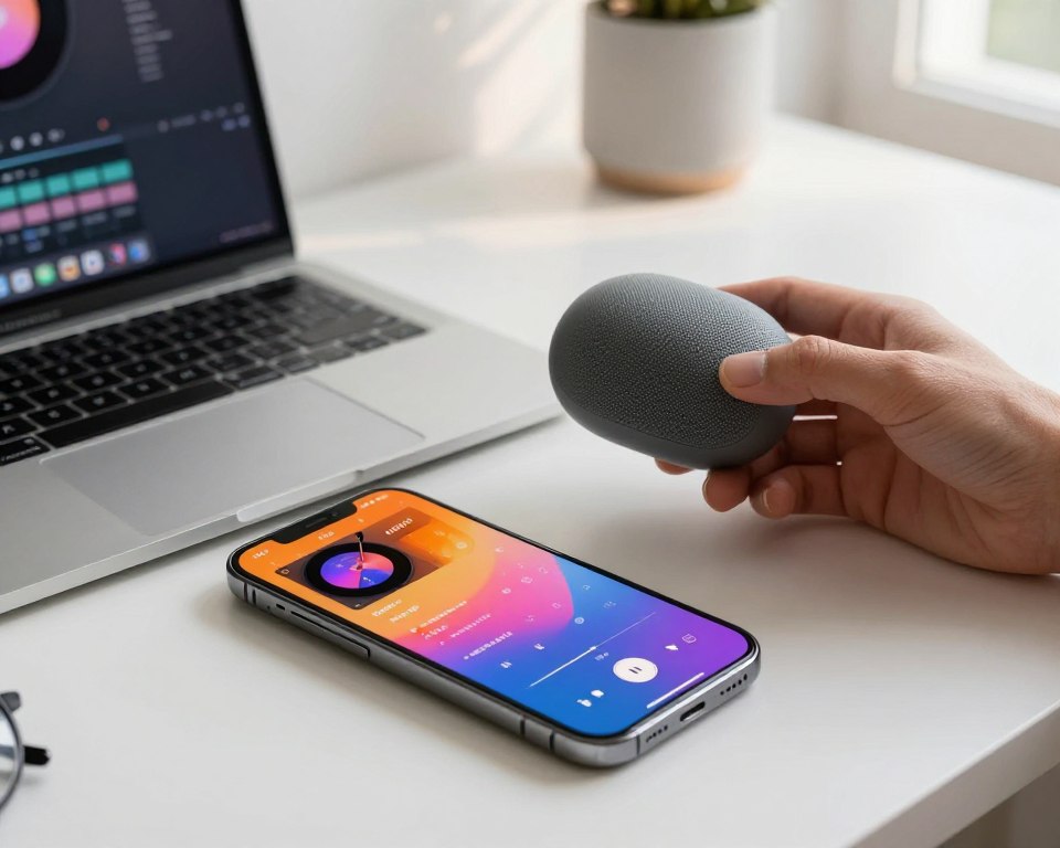 A close-up view of an iPhone displayed against a modern, minimalist desk setup. In the foreground, the iPhone's screen shows a vibrant ringtone selection interface, with colorful album art and easy-to-navigate options. In the middle ground, a person's hand is seen holding a sleek, wireless speaker, symbolizing the transfer of ringtones. A laptop is open nearby, revealing a music production software interface, hinting at the process one can use to create or alter ringtones. In the background, natural light filters through a window, casting soft shadows and creating an inviting atmosphere. The overall mood is tech-savvy and engaging, ideal for illustrating methods of uploading ringtones to an iPhone without using iTunes. A close-up view of an iPhone displayed against a modern, minimalist desk setup. In the foreground, the iPhone's screen shows a vibrant ringtone selection interface, with colorful album art and easy-to-navigate options. In the middle ground, a person's hand is seen holding a sleek, wireless speaker, symbolizing the transfer of ringtones. A laptop is open nearby, revealing a music production software interface, hinting at the process one can use to create or alter ringtones. In the background, natural light filters through a window, casting soft shadows and creating an inviting atmosphere. The overall mood is tech-savvy and engaging, ideal for illustrating methods of uploading ringtones to an iPhone without using iTunes.