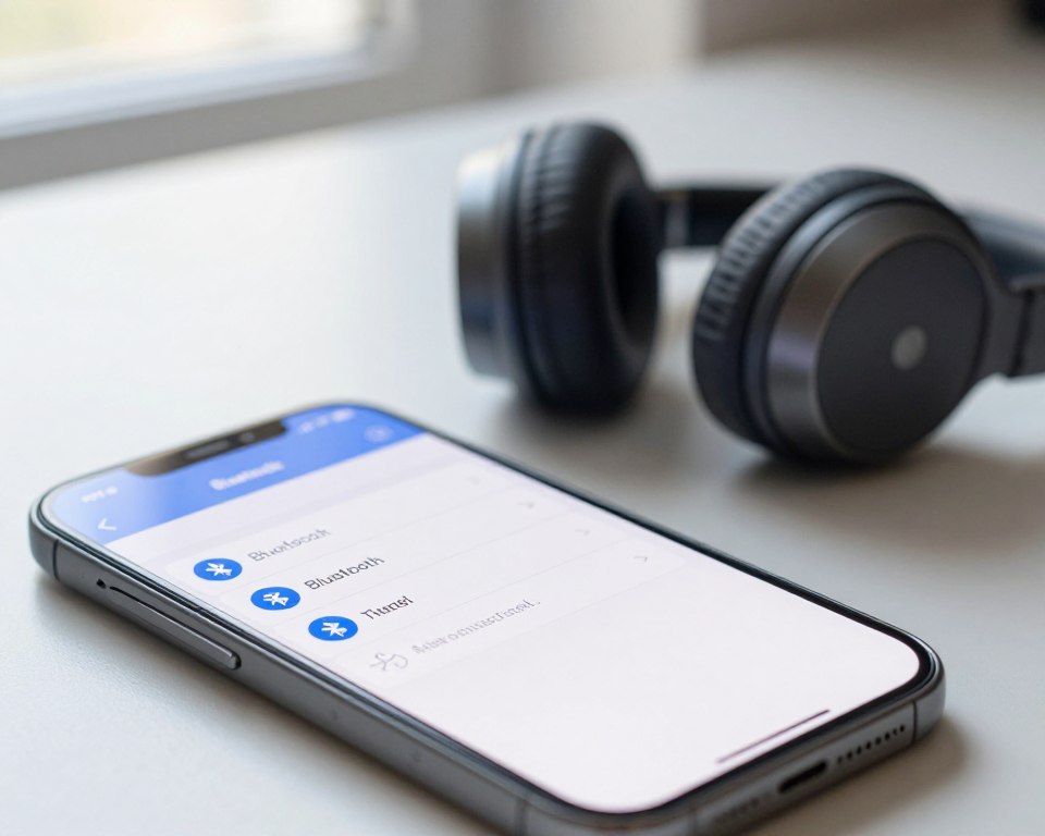 A close-up view of an iPhone displaying the Bluetooth settings screen, showcasing the process of connecting wireless headphones. The foreground features the iPhone with a sleek, modern design, highlighting the Bluetooth interface with its playful blue and white color scheme. In the middle ground, softly blurred, a pair of stylish Bluetooth headphones is placed beside the phone, reflecting a contemporary aesthetic. The background is a softly lit, minimalist workspace, with hints of natural light filtering through a nearby window to create a calm atmosphere. The composition emphasizes clarity and professionalism, with a shallow depth of field that draws attention to the device. The overall mood is serene and tech-focused, suited for an article on troubleshooting Bluetooth headphones. A close-up view of an iPhone displaying the Bluetooth settings screen, showcasing the process of connecting wireless headphones. The foreground features the iPhone with a sleek, modern design, highlighting the Bluetooth interface with its playful blue and white color scheme. In the middle ground, softly blurred, a pair of stylish Bluetooth headphones is placed beside the phone, reflecting a contemporary aesthetic. The background is a softly lit, minimalist workspace, with hints of natural light filtering through a nearby window to create a calm atmosphere. The composition emphasizes clarity and professionalism, with a shallow depth of field that draws attention to the device. The overall mood is serene and tech-focused, suited for an article on troubleshooting Bluetooth headphones.