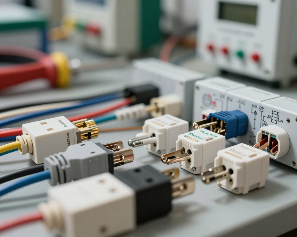 A close-up view of electrical plug connectors featuring built-in safety mechanisms. Foreground elements include various types of electrical plugs, showcasing their insulated components, locking mechanisms, and unique safety features designed to prevent short circuits. In the middle ground, neatly arranged wiring and detailed schematics of voltage regulators connect to the plugs, emphasizing their function. The background is a softly lit workshop environment with subtle hints of tools and electrical equipment, creating a focused yet professional atmosphere. Use soft, natural lighting to highlight textures and details, with a shallow depth of field to emphasize the foreground. The overall mood conveys precision and safety in electrical engineering, inviting the viewer into a world of technical expertise.