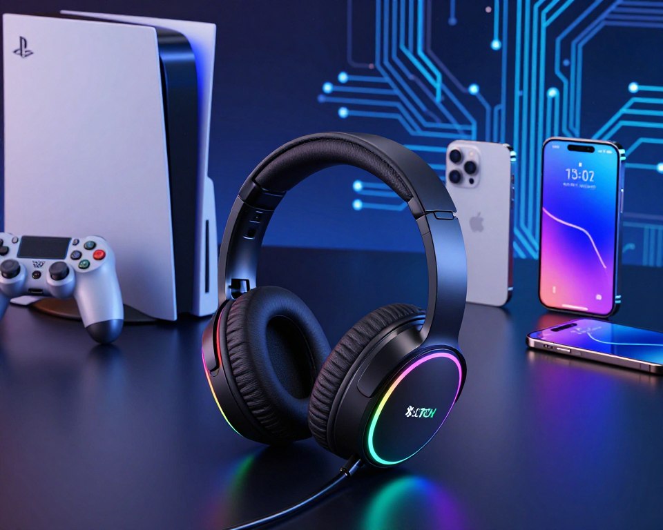 A close-up view of modern Bluetooth gaming headphones prominently displayed on a sleek, digital-themed surface. The headphones showcase vibrant RGB lighting accents, emphasizing their gaming appeal. In the middle ground, an array of diverse gaming devices, including a PS4 console, an iPhone, and a smartphone, are positioned to illustrate connectivity options. The background features an abstract, illuminated circuit board design to evoke a high-tech atmosphere. The scene is well-lit with ambient and directional lighting, creating a dynamic mood that highlights the headphones. The angle captured is slightly above eye level, providing depth and context. No text or branding is present, focusing solely on the visual appeal of the headphones and devices.
