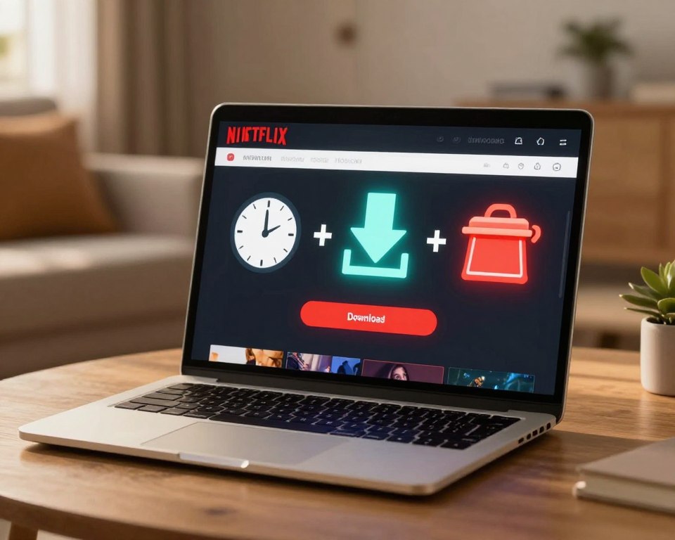 A conceptual illustration depicting the limitations and restrictions of downloading movies on Netflix. In the foreground, a sleek, modern laptop screen showcases the Netflix interface with a prominent download button. In the middle ground, visually striking symbols represent download limits, such as a clock, download arrows, and a cap icon, each rendered in bright, contrasting colors. The background features a cozy living room setting with warm, inviting lighting, creating a relaxed atmosphere. Soft shadows play across the table where the laptop sits, emphasizing the focus on the device. The overall mood conveys a sense of convenience and modern technology, while subtly highlighting the constraints involved in offline viewing practices. No text or watermarks in the image.