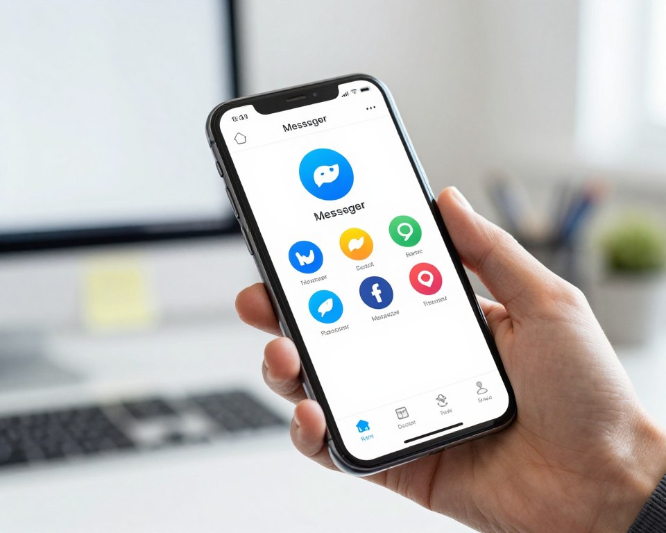 A conceptual image depicting a modern smartphone displaying the Messenger app interface without Facebook integration. In the foreground, a sleek smartphone is held in a professional hand, showcasing the Messenger interface complete with vibrant color accents and modern icons. In the middle, a subtle backdrop of an office environment conveys a sense of professionalism, with a blurred computer and desk accessories. The lighting is bright but soft, creating a welcoming atmosphere, and a slight bokeh effect in the background emphasizes the phone and its display. The angle is slightly elevated, providing a clear view of the app screen while maintaining a casual yet business-like ambiance. Overall, the mood reflects a sense of innovation and connectivity without the need for Facebook.
