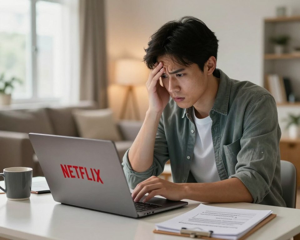 A concerned user sitting at a desk, looking at a laptop displaying the Netflix logo, showing a spinning loading icon. The user, a young adult dressed in casual, professional clothing, has a puzzled expression as they troubleshoot a downloading issue. In the background, a bright and inviting living room is visible, with soft lighting illuminating the scene through a large window, creating a warm atmosphere. The foreground includes a coffee mug and scattered notepads with notes on troubleshooting download errors. The overall mood is one of determination and focus, illustrating the theme of problem-solving related to download issues, without any text or graphics on the screen or around the workspace.