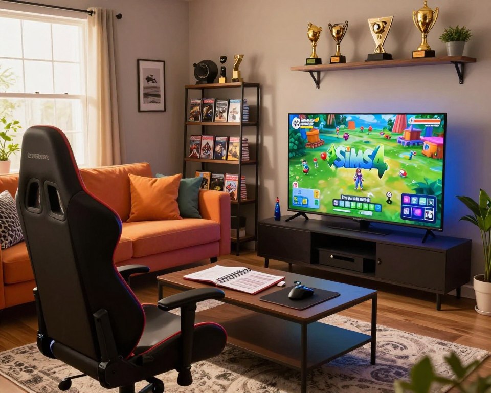 A cozy and well-lit living room featuring a gaming setup with a large TV displaying "The Sims 4" on screen, showcasing various mods in action. In the foreground, a sleek black gaming chair faces the TV, with a coffee table cluttered with game-related notes and a gaming mouse. The middle of the scene displays a vibrant sofa with colorful cushions, and shelves filled with gaming trophies and games in the background. The room is bathed in warm light from a nearby window, creating a relaxed atmosphere. Add subtle details like a controller on the side table and a potted plant in the corner to enhance the inviting mood of the space. The angle captures the entire setup, emphasizing the excitement of gaming with mods. A cozy and well-lit living room featuring a gaming setup with a large TV displaying "The Sims 4" on screen, showcasing various mods in action. In the foreground, a sleek black gaming chair faces the TV, with a coffee table cluttered with game-related notes and a gaming mouse. The middle of the scene displays a vibrant sofa with colorful cushions, and shelves filled with gaming trophies and games in the background. The room is bathed in warm light from a nearby window, creating a relaxed atmosphere. Add subtle details like a controller on the side table and a potted plant in the corner to enhance the inviting mood of the space. The angle captures the entire setup, emphasizing the excitement of gaming with mods.
