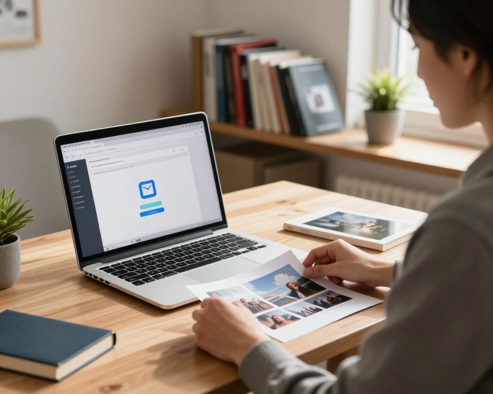 A cozy home office scene, focused on a laptop displaying an email interface with an image attachment icon prominently featured. In the foreground, a professional-looking person in smart casual attire is seated at the desk, thoughtfully arranging photos on a printed page. Soft natural light filters through a nearby window, casting warm highlights across the desk. In the middle background, a shelf filled with photography books and a small plant add a touch of life and color to the setting. The atmosphere is calm and purposeful, emphasizing the ease and convenience of transferring photos via email. The angle is slightly above eye level, capturing both the details of the desk and the inviting workspace environment.