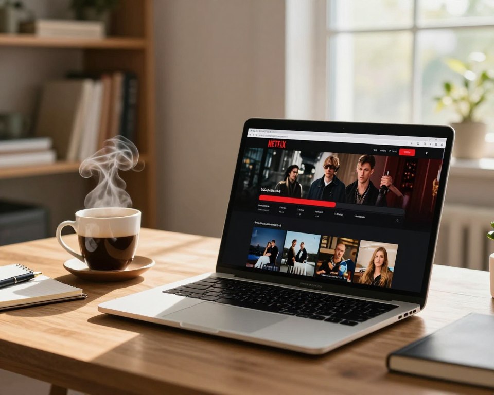A cozy home office setting featuring a modern laptop on a wooden desk. In the foreground, the laptop screen displays the Netflix interface with a movie downloading progress bar vividly highlighted. To the left, a stylish cup of coffee emits soft steam, while a notepad with a pen rests nearby, suggesting a relaxed yet productive atmosphere. The background features a well-organized bookshelf and a large window letting in warm, natural sunlight, creating an inviting mood. The overall scene evokes a sense of anticipation and comfort as one prepares for an enjoyable offline movie experience. The image should be bright and clear, capturing details such as reflections on the laptop screen, and maintaining a professional, serene ambiance.
