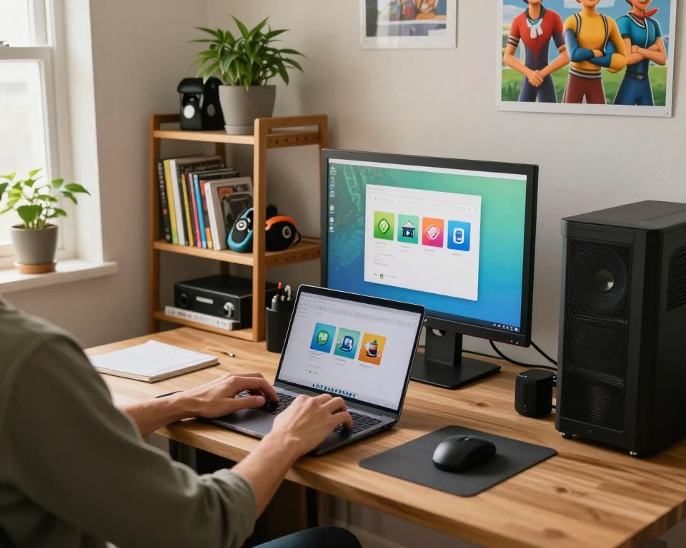 A cozy home office setting, featuring a neatly arranged workspace with a computer displaying the installation screen for The Sims 4 mods. In the foreground, a person in modest casual clothing is focused on their laptop, with a few colorful mod icons visible on the screen. The middle ground showcases shelves filled with gaming accessories and books on game design. The background includes a wall with posters of The Sims characters and a potted plant for a touch of greenery. Soft, natural light streams in from a nearby window, creating a warm, inviting atmosphere. The angle is slightly elevated, capturing the entire workspace, emphasizing a sense of immersion in the gaming world while remaining professional and engaging. A cozy home office setting, featuring a neatly arranged workspace with a computer displaying the installation screen for The Sims 4 mods. In the foreground, a person in modest casual clothing is focused on their laptop, with a few colorful mod icons visible on the screen. The middle ground showcases shelves filled with gaming accessories and books on game design. The background includes a wall with posters of The Sims characters and a potted plant for a touch of greenery. Soft, natural light streams in from a nearby window, creating a warm, inviting atmosphere. The angle is slightly elevated, capturing the entire workspace, emphasizing a sense of immersion in the gaming world while remaining professional and engaging.