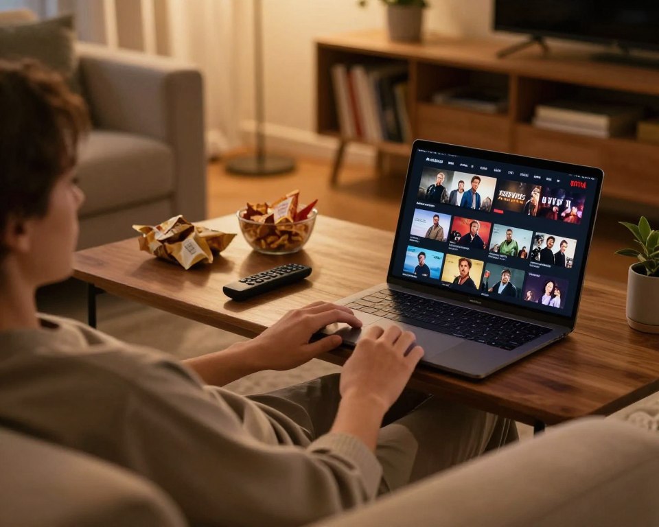 A cozy living room scene illuminated by warm, soft lighting, showing a modern laptop displaying the Netflix interface, open on a film selection screen. In the foreground, a person in casual clothing, casually leaning back on a comfortable couch, intently browsing the available movies and series to download. The middle ground includes a wooden coffee table cluttered with snacks and a remote control, emphasizing a relaxed viewing setup. In the background, a shelf filled with books and plants enhances the inviting atmosphere. The overall mood is warm and inviting, suggesting a perfect setting for offline movie enjoyment, inviting viewers to engage with the content.