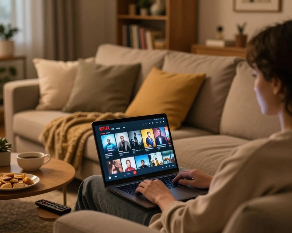 A cozy living room scene where a person is sitting comfortably on a couch, fully immersed in watching downloaded Netflix films on a laptop. The foreground features the laptop glowing softly, with the Netflix interface visible showing a selection of films. The middle layer includes a plush, inviting couch adorned with throw pillows and a warm blanket, hinting at a relaxing atmosphere. On a nearby coffee table, snacks and a remote control are casually placed. The background showcases a softly lit room with shelves filled with books and decorative items, promoting a sense of a personal space. The lighting is warm and soft, creating an intimate and inviting ambiance, perfect for enjoying movies offline. The overall mood is relaxed and comfortable.