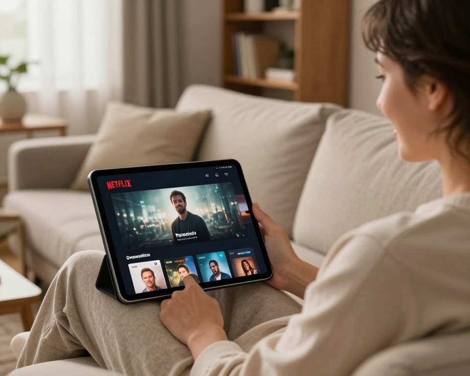 A cozy living room setting where a person is enjoying films offline using a Netflix offline player. The foreground features a sleek, modern tablet displaying the Netflix interface, showcasing a paused movie screen. The user, casually dressed in comfortable loungewear, sits on a plush sofa, leaning back with a relaxed posture and a content smile. Soft light filters through a window, creating a warm and inviting atmosphere. In the background, a bookshelf filled with movies and cozy decor complements the scene. The angle captures both the user's expression and the tablet clearly, emphasizing a sense of relaxation and enjoyment in watching films. The overall mood is serene and comfortable, perfect for a night in.