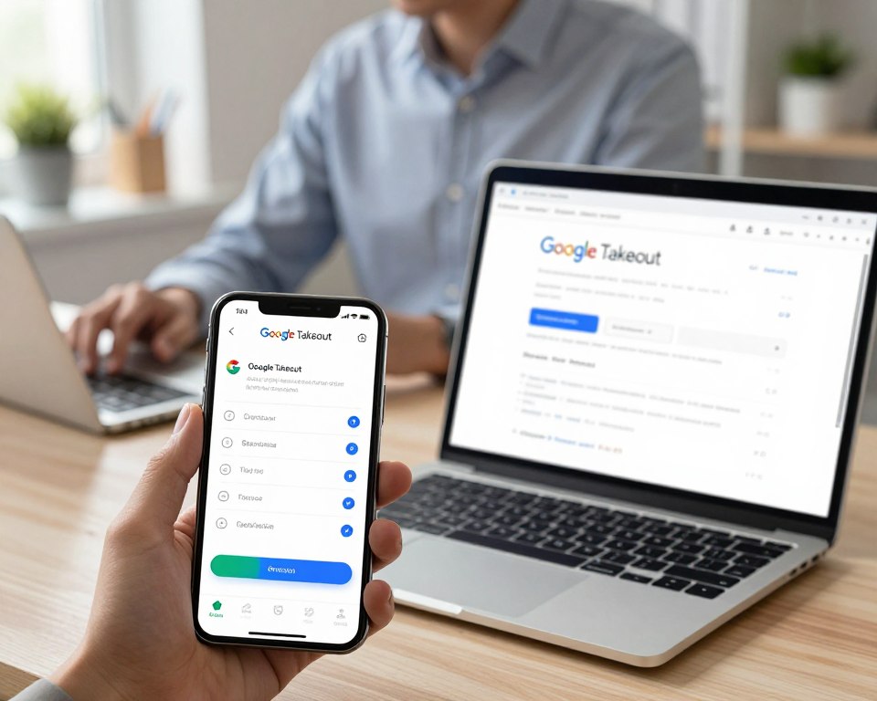 A detailed and informative digital illustration depicting the Google Takeout configuration step-by-step. In the foreground, a sleek, modern smartphone displays the Google Takeout interface, with highlighted buttons and checkboxes, alongside a laptop with the Google Takeout webpage open. The middle layer features a person in professional business attire, intently navigating the setup process, with their hands poised over the devices. In the background, a soft-focus office setting includes a cozy desk with stationery and plants, enhancing a productive atmosphere. Bright, natural lighting illuminates the scene, creating a sense of clarity and focus. The image conveys a mood of professionalism and engagement, suitable for visual instruction.