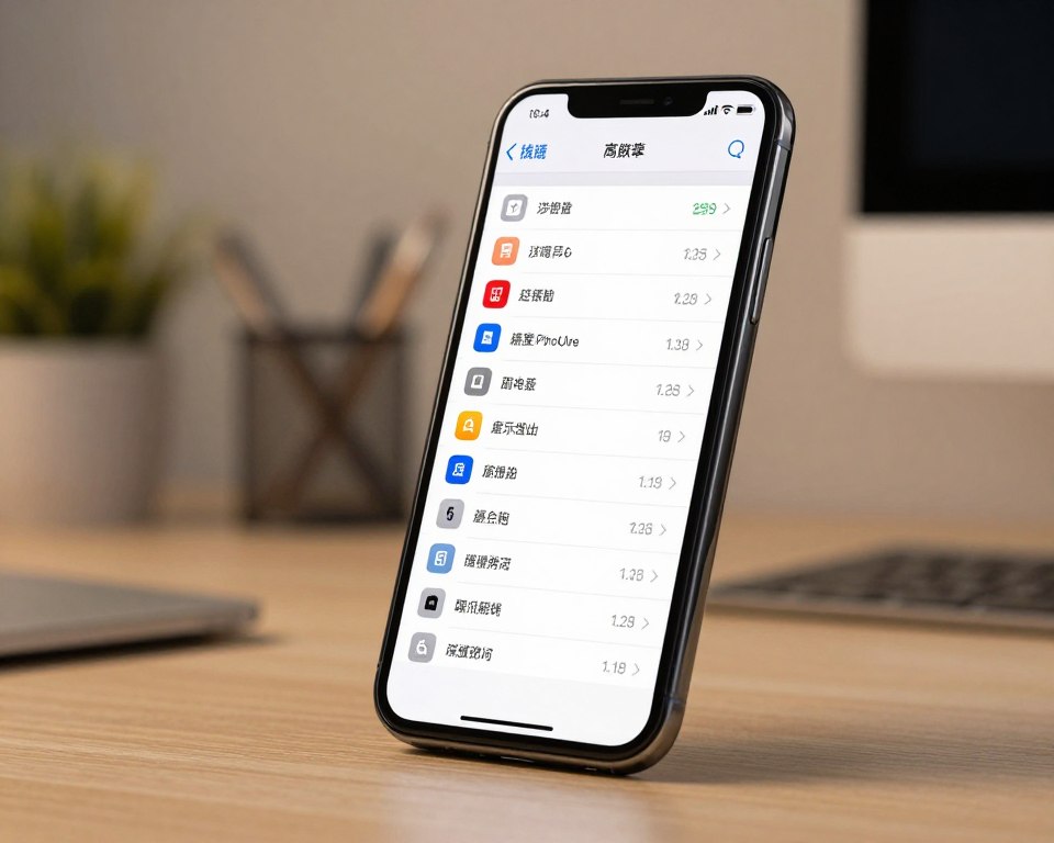 A detailed and realistic visualization of the iPhone 8 performance settings, prominently displayed on the screen of the device. In the foreground, the iPhone 8 is shown with its sleek design in a modern workspace setting, featuring a soft-focus background of a minimalistic office with subtle decorative elements. The lighting is warm and inviting, highlighting the phone’s glossy surface and vibrant display. The screen shows a clear layout of various performance settings, using a clean, digital interface. The angle is slightly tilted to showcase both the phone's profile and the detailed screen content. The atmosphere should feel professional yet approachable, aimed at guiding users through optimizing their iPhone 8 experience.