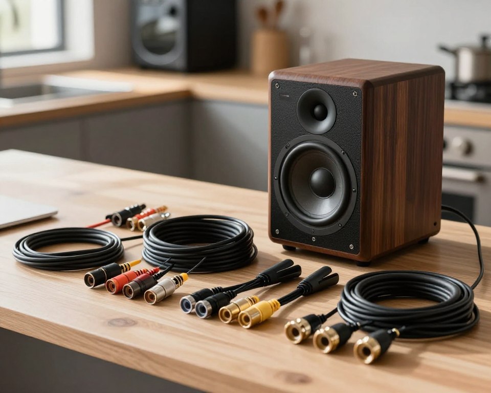A detailed and well-arranged workspace showcasing various accessories for connecting a subwoofer, highlighting cables, connectors, and a sleek subwoofer unit. In the foreground, focus on a collection of high-quality speaker wires and an array of connectors, neatly organized. The middle ground features a stylish subwoofer, elegantly designed with a dark wooden finish. In the background, a blurred countertop with a professional kitchen appliance subtly enhances the scene, suggesting a modern culinary setting. Soft, natural lighting streams in from a window, casting gentle shadows and emphasizing the textures of the materials. The mood is technical yet inviting, appealing to both enthusiasts and newcomers in the realm of cooking and sound systems. A detailed and well-arranged workspace showcasing various accessories for connecting a subwoofer, highlighting cables, connectors, and a sleek subwoofer unit. In the foreground, focus on a collection of high-quality speaker wires and an array of connectors, neatly organized. The middle ground features a stylish subwoofer, elegantly designed with a dark wooden finish. In the background, a blurred countertop with a professional kitchen appliance subtly enhances the scene, suggesting a modern culinary setting. Soft, natural lighting streams in from a window, casting gentle shadows and emphasizing the textures of the materials. The mood is technical yet inviting, appealing to both enthusiasts and newcomers in the realm of cooking and sound systems.