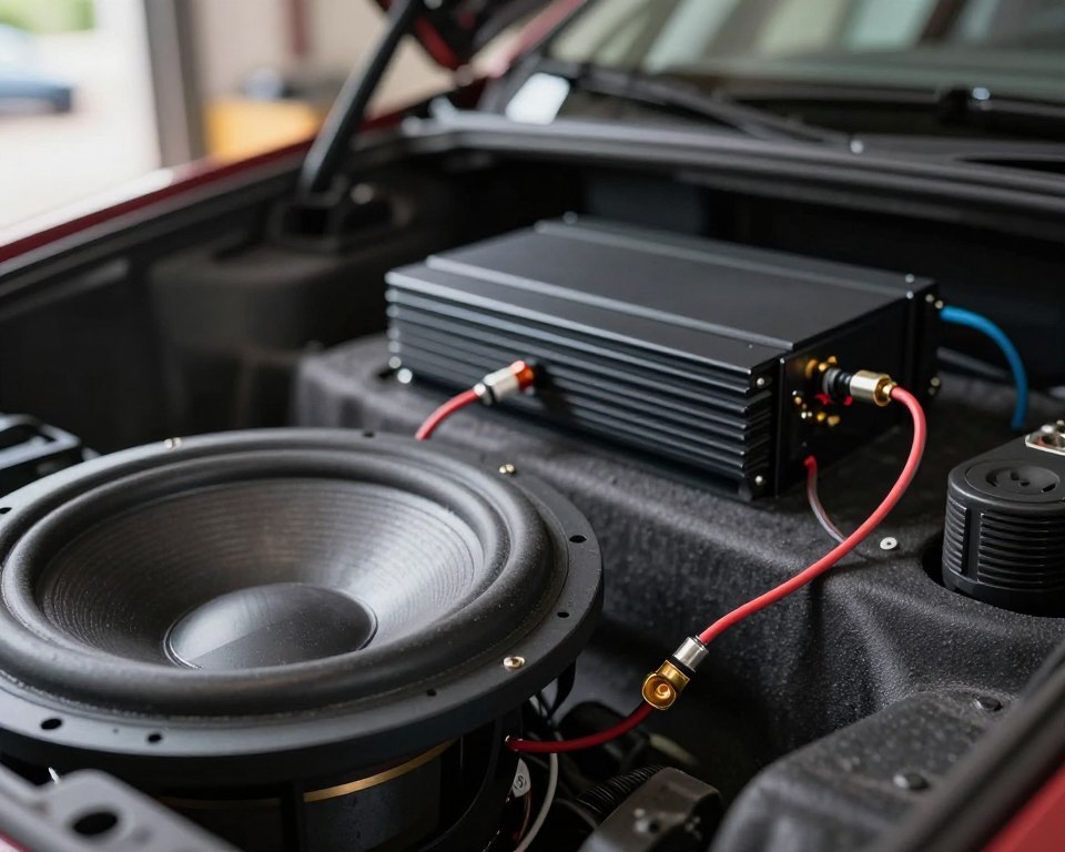A detailed automotive scene showcasing the installation of a subwoofer connected to a car amplifier. In the foreground, focus on a subwoofer with visible wire connections, highlighting the positive and negative terminals. In the middle ground, include a sleek car interior with an opened dashboard where the amplifier is positioned, emphasizing the electrical wiring. The background can feature a blurred view of the outside environment, hinting at a garage or workshop setting with soft, natural lighting filtering through. Capture this image from a slightly angled perspective, creating depth and focusing on the intricate details of the wiring and hardware. The mood should be professional and technical, illustrating clarity and proficiency in car audio installations.