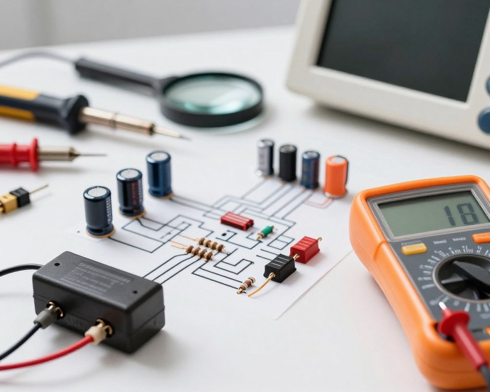 A detailed diagram showcasing the diagnostics of a voltage regulator in an electronic setup. In the foreground, feature a close-up view of the voltage regulator with connected wires and a multimeter displaying readings. The middle layer should include various components such as capacitors, resistors, and circuit pathways, illustrating a troubleshooting environment. In the background, a softly blurred workspace with tools like soldering iron, magnifying glass, and digital oscilloscope adds context. Use bright and clear lighting to emphasize the components, with shadows to create depth. The atmosphere should be technical and focused, reflecting a problem-solving mood. The image should be clean and professional, without any text or markings.
