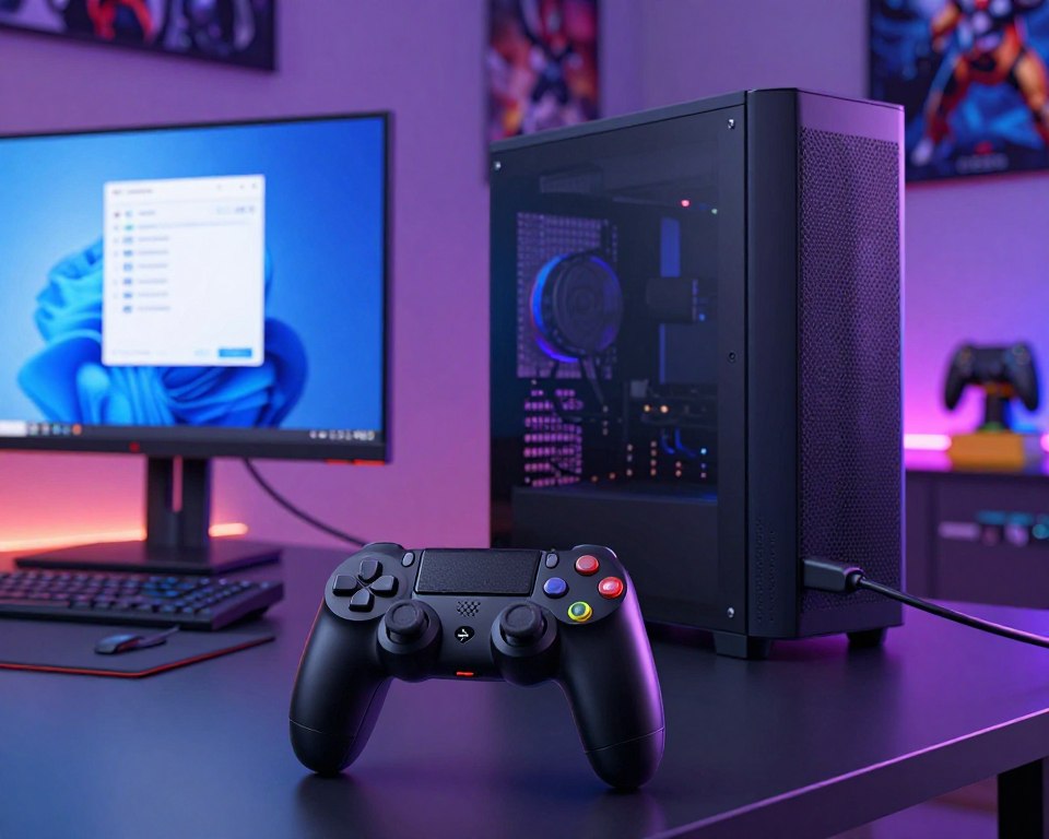 A detailed digital illustration depicting a PlayStation 4 controller being connected to a PC via Bluetooth. In the foreground, focus on a modern black PS4 controller, showing the pairing process with clear LED lights indicating connection status. The middle ground features a sleek, high-end gaming PC with a vibrant monitor displaying the Windows Bluetooth settings screen. In the background, incorporate a cozy, well-lit gaming room atmosphere, complete with ambient lighting and gaming posters on the walls. The angle should be slightly above the setup, capturing the interaction between the controller and PC, conveying a sense of innovation and excitement about the gaming experience. The overall mood should be engaging and tech-savvy, inviting readers into the world of gaming connectivity.