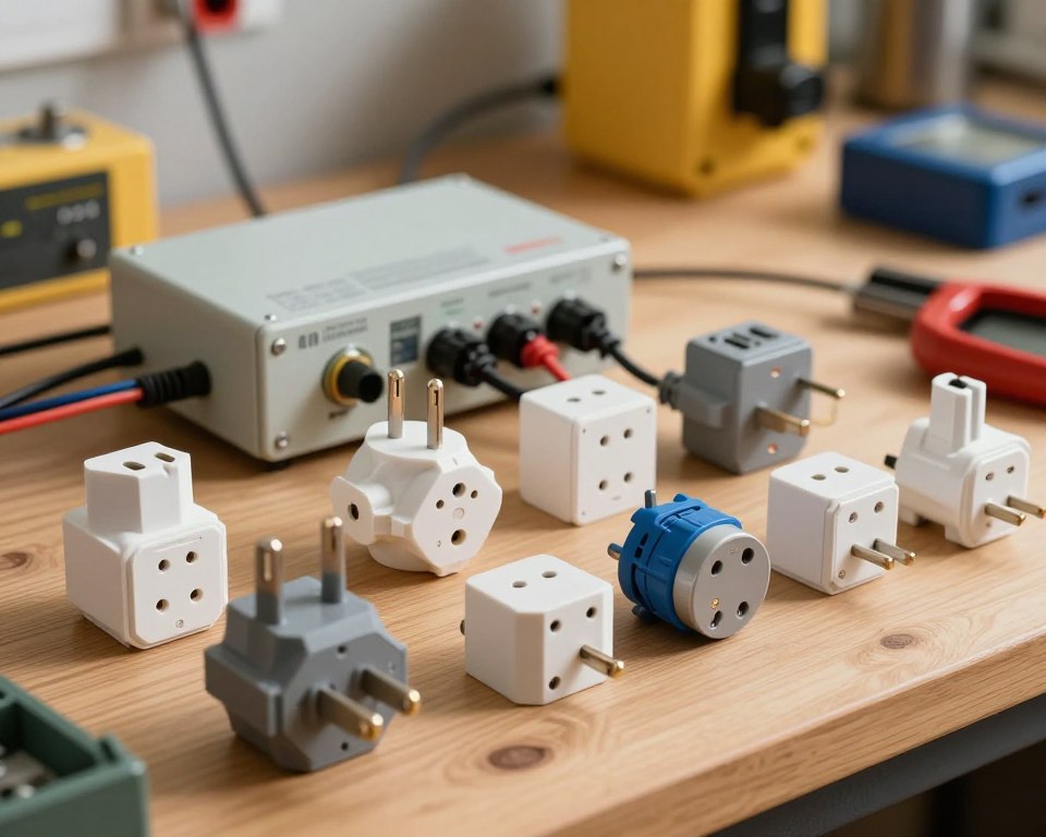 A detailed display of various types of electrical plugs arranged on a wooden workbench. In the foreground, focus on several distinct plug designs, such as European, UK, and US plugs, emphasizing their shapes, colors, and pin configurations. In the middle ground, include a partially assembled voltage regulator with visible wiring connected to the plugs, enhancing the practical application theme. The background should feature a soft-blurred workshop environment with tools and safety equipment, contributing to the atmosphere of a working space. Use warm lighting to create an inviting and professional ambiance, capturing the intricacies of electrical components. The angle should be slightly above eye level, offering a clear view of the plugs and regulator. No text or watermarks are included.