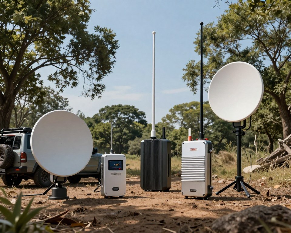 A detailed illustration of CB radio enhancement devices set in a serene outdoor environment, depicting a rugged landscape with tall trees and a clear, blue sky in the background. In the foreground, showcase a variety of modern antennas and signal boosters, some mounted on vehicles and others standing tall on portable tripods, optimized for outdoor use. A subtle shimmer of sunlight filters through the leaves, highlighting the metallic textures of the equipment. The middle ground features a compact, user-friendly device displaying signal strength indicators. Use a wide-angle perspective to capture the expanse of nature while emphasizing the technology's functionality. The overall mood should evoke adventure and readiness for outdoor communication, with soft natural lighting enhancing the scene.