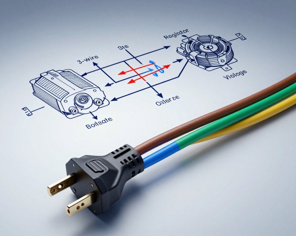 A detailed illustration of a wiring diagram for a 3-wire plug connection, prominently featuring the three colorful wires: brown, blue, and yellow/green, clearly labeled. The foreground presents the plug with its pins, showcasing the individual connections to each wire. In the middle, a schematic layout highlights the flow of electricity, with arrows indicating connections and labels for voltage regulator and alternator. The background is a subtle gradient to emphasize the technical nature of the drawing, simulating a blueprint effect. The lighting is cool and evenly distributed to ensure clarity of details, giving a professional and informative atmosphere to the image. No text, signatures, or watermarks are included.