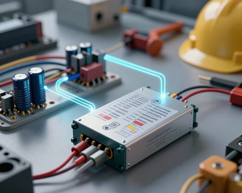 A detailed illustration of an electronic voltage regulator within an electric system. In the foreground, showcase the regulator with clear labels and connections, highlighting its circuit elements and components, such as capacitors and transistors. The middle ground should depict a dynamic electric system, including wires and a power source, ensuring the flow of electricity is visually represented through glowing lines. In the background, present a blurred workshop environment with industrial tools and safety equipment, enhancing the technical atmosphere. Use bright lighting to emphasize the regulator, casting soft shadows for depth. A slight angle, as if viewed from above, gives a comprehensive perspective on the regulator's placement in the system, while maintaining a professional and focused mood.