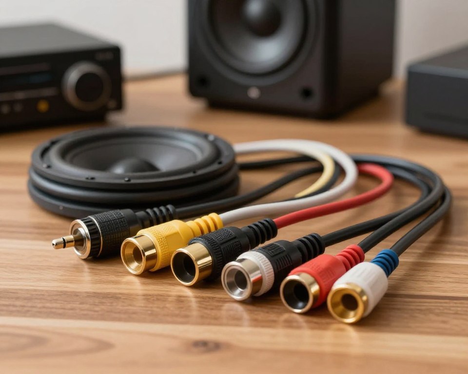 A detailed illustration of various types of subwoofer connectors and cables used for audio connection, positioned on a sleek wooden surface. In the foreground, showcase different connectors like RCA, XLR, and speaker wire connectors, capturing the intricate details of each type. In the middle ground, include coiled and straight audio cables of varying lengths, neatly arranged, highlighting their textures and colors. The background should feature a blurred home audio setup with a subwoofer and amplifier hinting at the application of the connectors. Use soft, diffused lighting to create a warm, inviting atmosphere, with a focused lens angle to draw attention to the connectors while subtly indicating their practical use in audio systems. The overall mood should be technical yet approachable, inviting readers to explore audio connections.