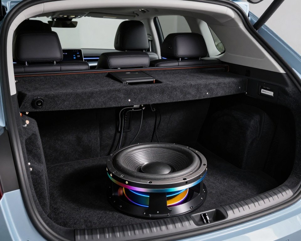 A detailed interior view of a modern car's trunk, focusing on the optimal placement of a subwoofer. The foreground showcases the subwoofer itself, sleek and robust, with vibrant metallic finishes and a well-structured enclosure. The middle layer features the spacious trunk area, highlighting soundproofing materials and cable management for a clean installation. The background includes the car's rear seats folded down, allowing for better acoustics, and subtle hints of luxury features like ambient lighting. The lighting is bright yet soft, simulating a natural daylight effect that enhances the car's interior. The mood is technical and informative, ideal for showcasing sound system installation techniques. The camera angle is slightly elevated and angled downwards for a comprehensive view. A detailed interior view of a modern car's trunk, focusing on the optimal placement of a subwoofer. The foreground showcases the subwoofer itself, sleek and robust, with vibrant metallic finishes and a well-structured enclosure. The middle layer features the spacious trunk area, highlighting soundproofing materials and cable management for a clean installation. The background includes the car's rear seats folded down, allowing for better acoustics, and subtle hints of luxury features like ambient lighting. The lighting is bright yet soft, simulating a natural daylight effect that enhances the car's interior. The mood is technical and informative, ideal for showcasing sound system installation techniques. The camera angle is slightly elevated and angled downwards for a comprehensive view.