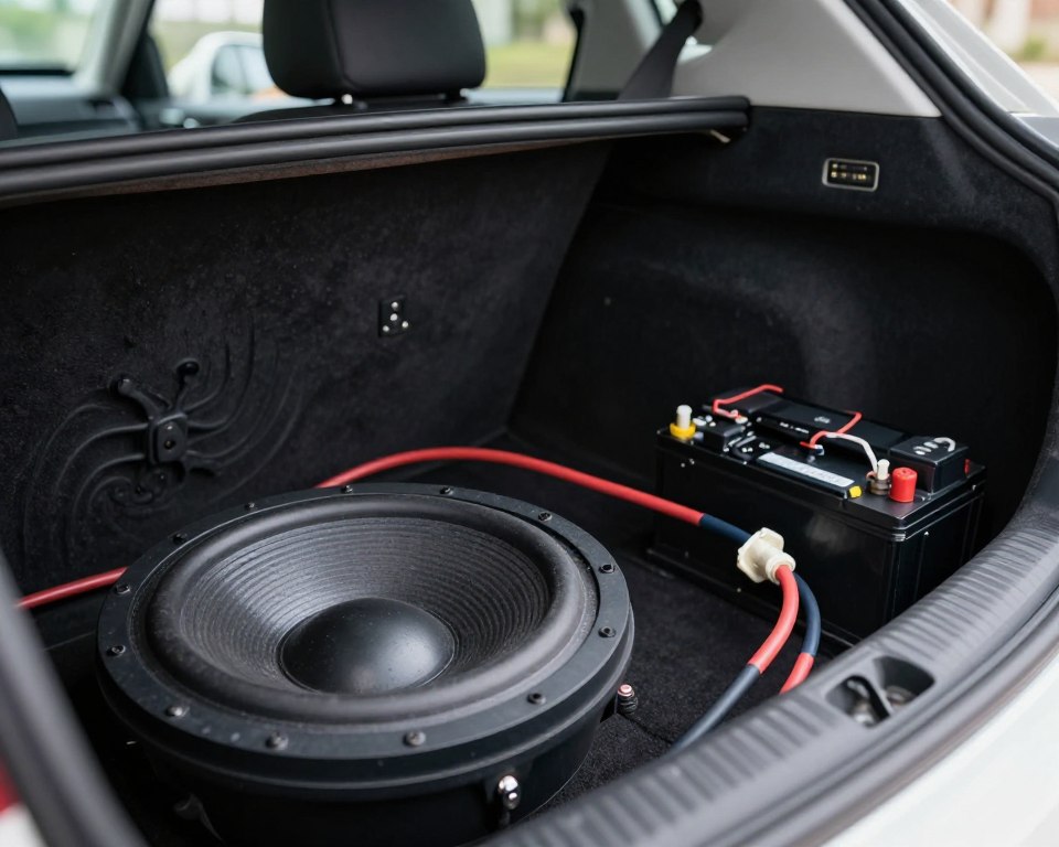 A detailed scene illustrating the power cable routing for a car subwoofer installation. In the foreground, focus on a close-up shot of the subwoofer and its corresponding power cables, showing their correct positioning along the interior of a car. The middle ground features a portion of the car's interior, including the back seat and trunk area, with clear visibility of the battery connection and circuit. In the background, the car's window allows soft natural light to spill in, creating an inviting atmosphere. Employ a slightly elevated angle to capture the intricacies of the cable pathway while ensuring the technical components are easily identifiable. The mood is practical and informative, emphasizing clarity and precision in the installation process, without any text or distractions.