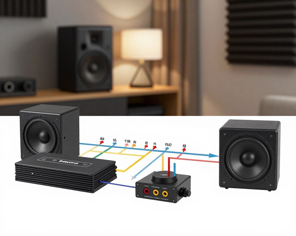 A detailed schematic diagram of a passive subwoofer connection. The foreground features labeled components such as a subwoofer, amplifier, and speaker outputs with clear wiring pathways. The middle layer shows colorful arrows indicating the audio signal flow, with a focus on clear connections and labels for positive and negative terminals. In the background, a softly lit audio room ambiance enhances the technical diagram, including subtle elements like a blurred speaker and soundproofing panels. The overall atmosphere is professional and informative, with a clean, modern aesthetic. The diagram is highly precise, emphasizing clarity and functionality, suitable for educational use. A detailed schematic diagram of a passive subwoofer connection. The foreground features labeled components such as a subwoofer, amplifier, and speaker outputs with clear wiring pathways. The middle layer shows colorful arrows indicating the audio signal flow, with a focus on clear connections and labels for positive and negative terminals. In the background, a softly lit audio room ambiance enhances the technical diagram, including subtle elements like a blurred speaker and soundproofing panels. The overall atmosphere is professional and informative, with a clean, modern aesthetic. The diagram is highly precise, emphasizing clarity and functionality, suitable for educational use.