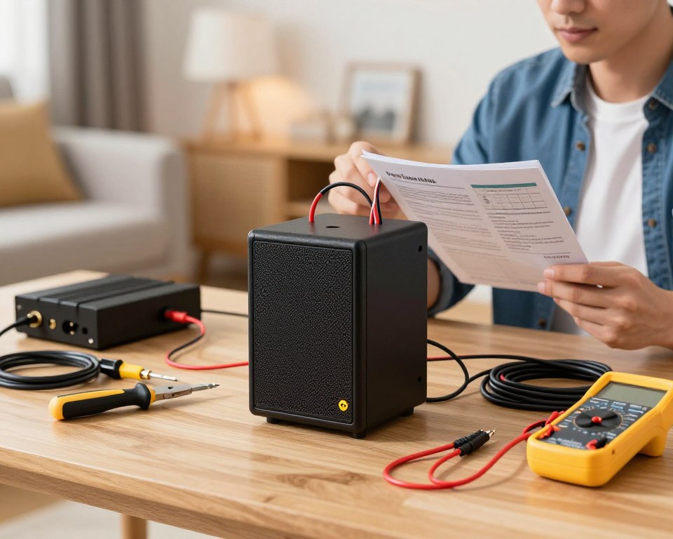 A detailed step-by-step guide for connecting a subwoofer at home. The foreground features a clean and organized workspace on a wooden table with all essential tools, such as a screwdriver, wire strippers, and a multimeter. In the middle ground, there's a subwoofer with exposed wiring, illustrated in bright colors for clarity. Surrounding the subwoofer are audio cables, a speaker amplifier, and a user holding a manual, dressed in casual clothing, depicting a focused expression while connecting wires. The background is softly blurred, featuring a cozy living room with soft lighting from a lamp, creating a warm and inviting atmosphere. The image emphasizes a methodical approach to the task, encouraging a sense of achievement and comfort in DIY audio setup.